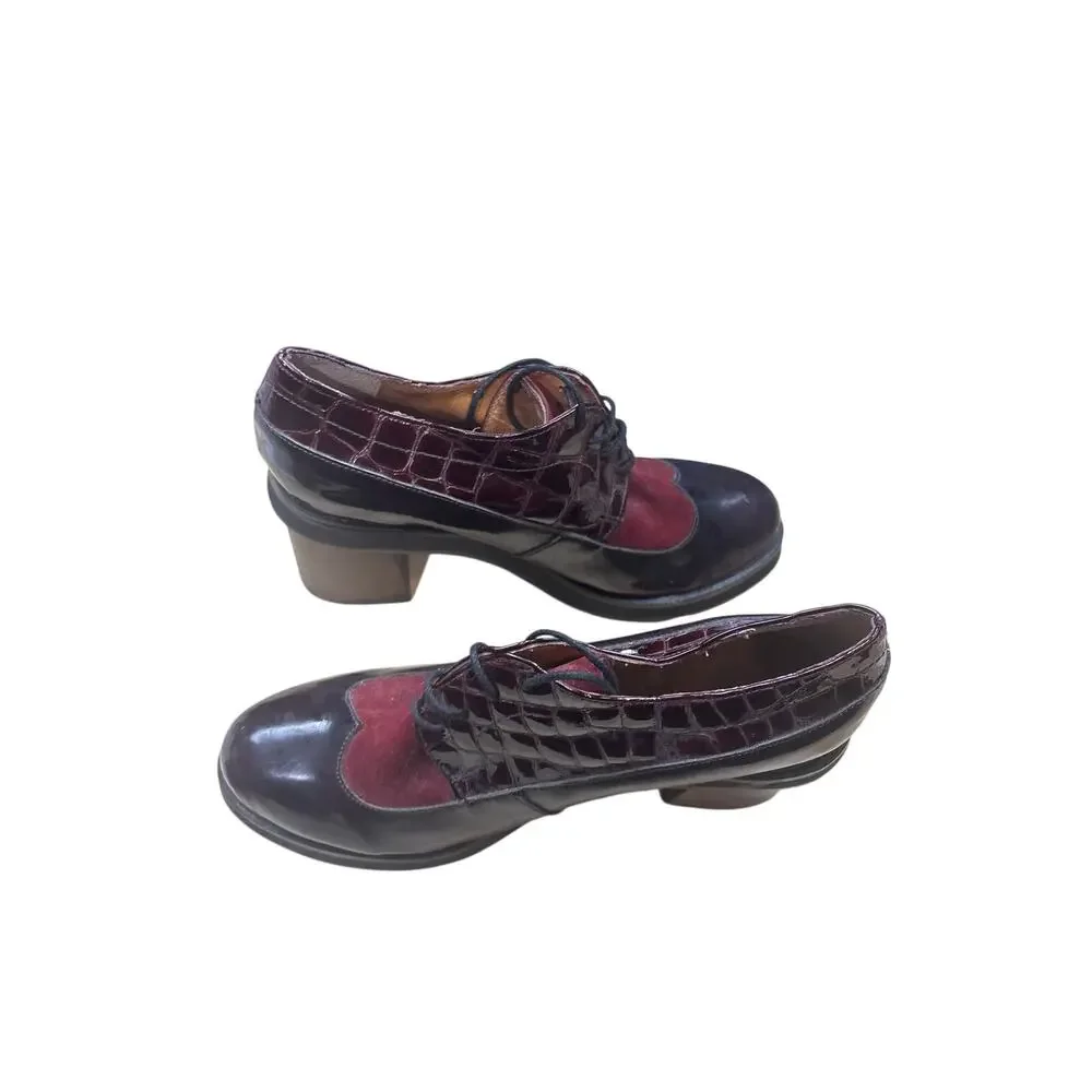Vintage Burgundy Mixed-Texture Oxford Heels